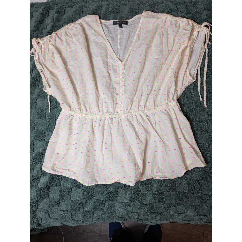 Lane Bryant Neon Clip Dot Peplum Top 14/16 Y2K Colorful with ruched sleeve ties